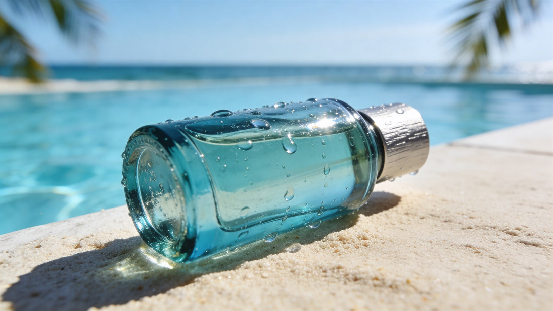 Frasco de perfume azul acuático con gotas de agua al borde de una piscina en verano